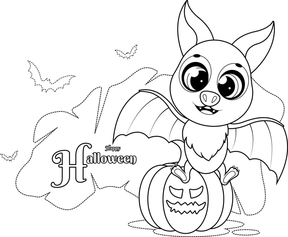 página para colorear un murciélago de dibujos animados y una calabaza de halloween vector