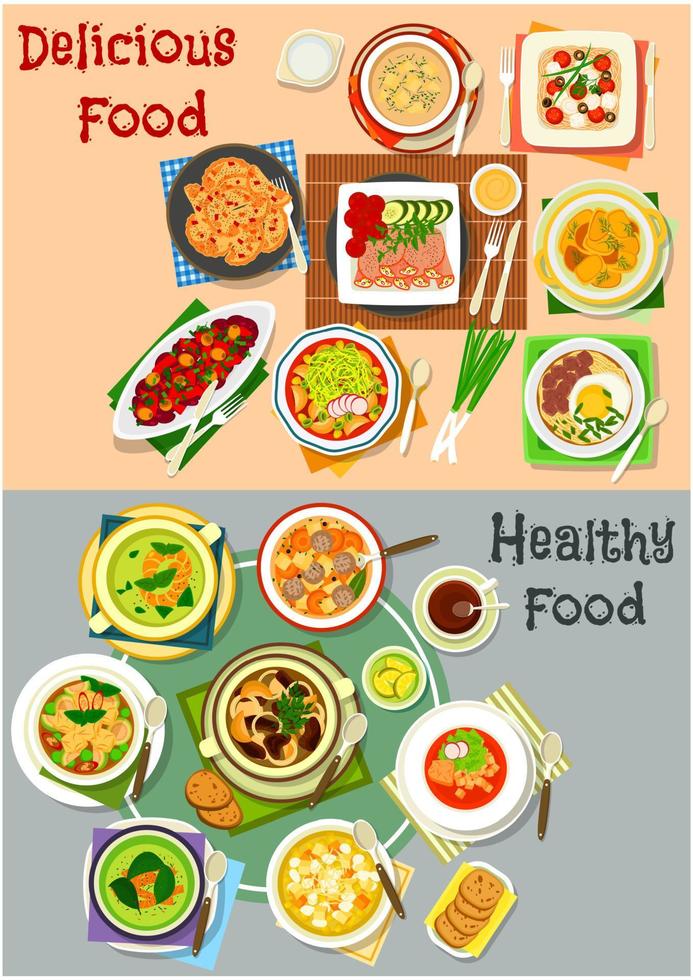 Lunch dishes top view icon set for menu design vector