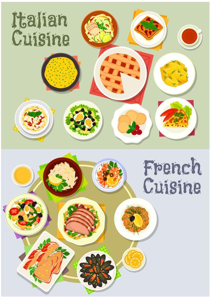 French and italian cuisine dinner icon set vector