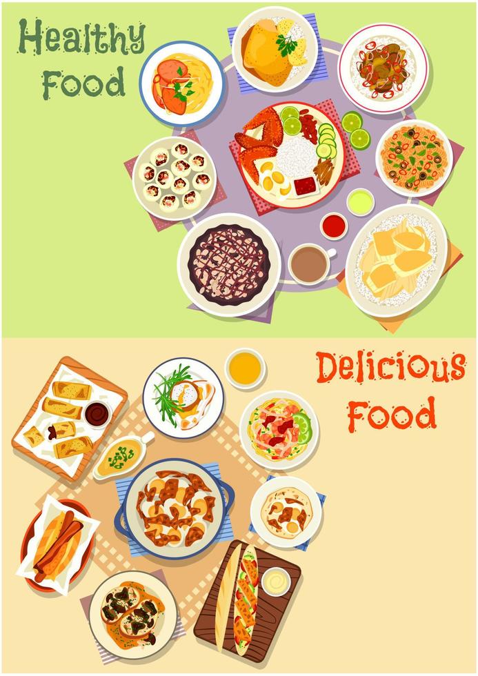 Tasty lunch dishes with chocolate cake icon set vector