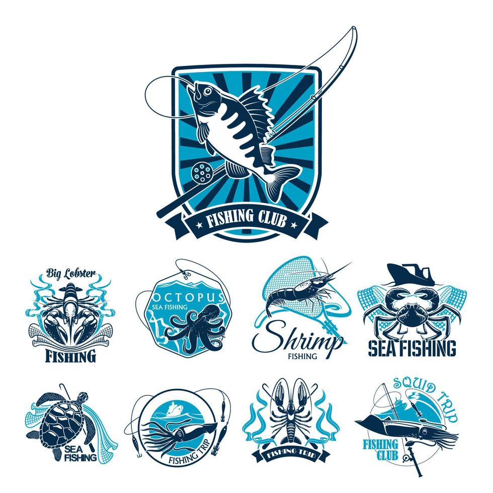 insignia del club deportivo de pesca con peces y botes vector