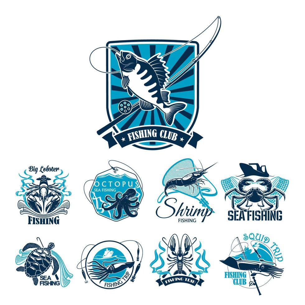 Fishing sport club badge set with fish and boat vector