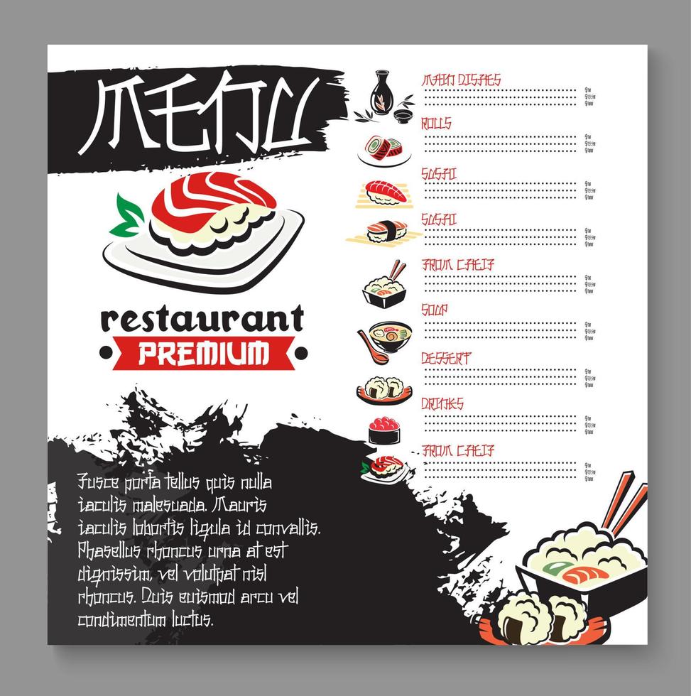 menú vectorial para restaurante de comida de sushi japonés vector