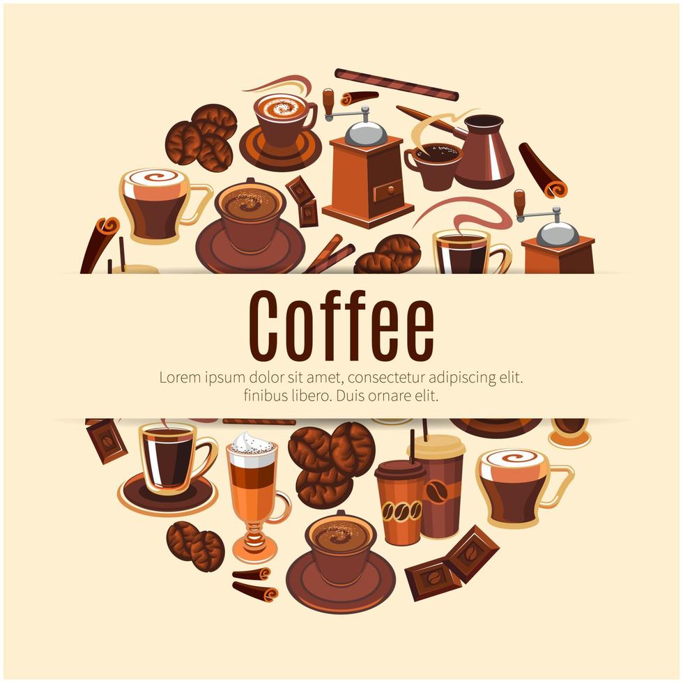 Coffee drink round poster for cafe design vector