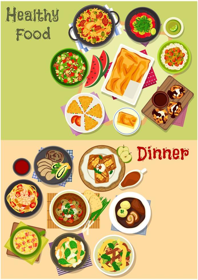 Lunch and dinner dishes icon set for food design vector