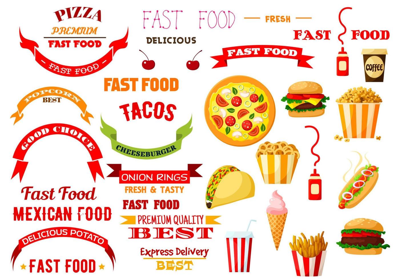 Fast food meal vector isolated icons, ribbons set