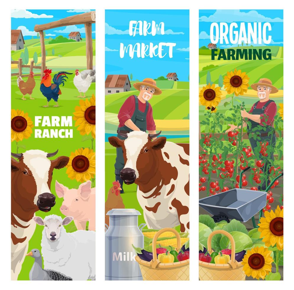 animales de granja y granjero en pancartas verticales de campo vector