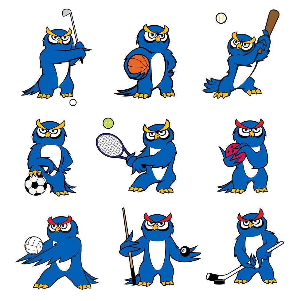 Cartoon owl play sports vector mascot icons