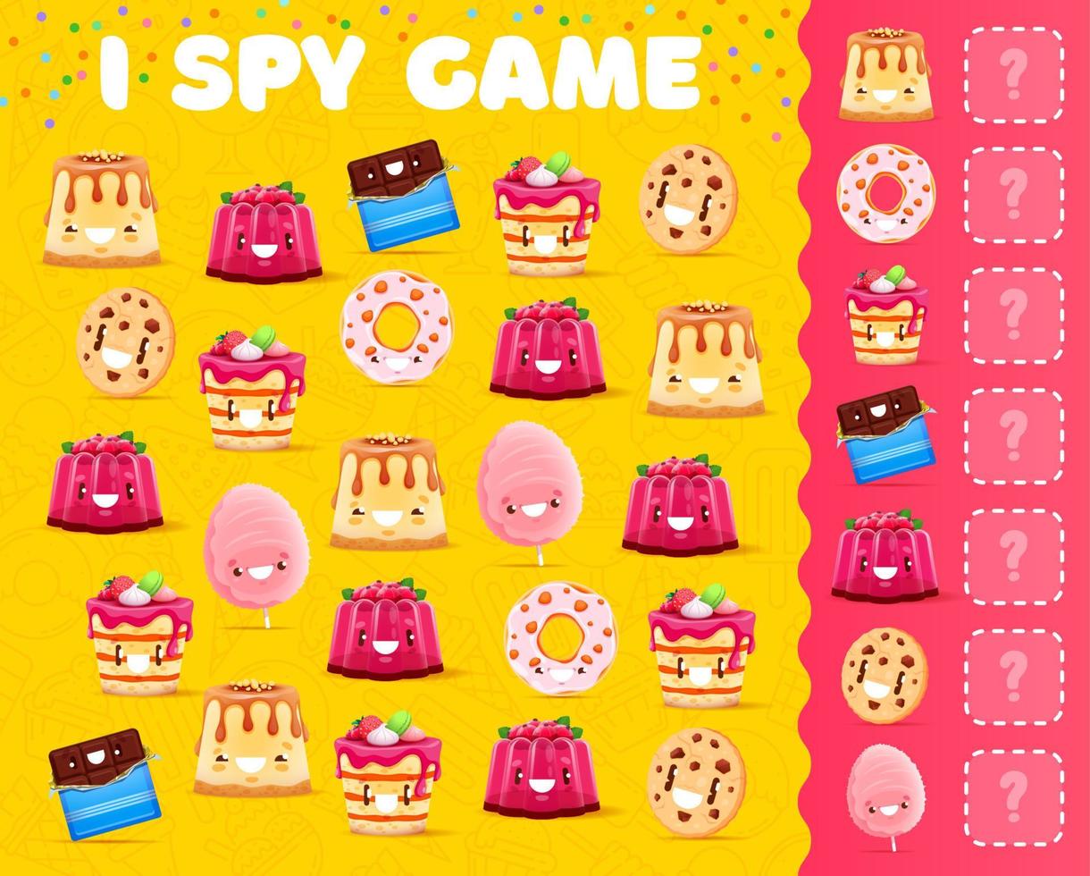 I spy game quiz with cartoon dessert characters vector