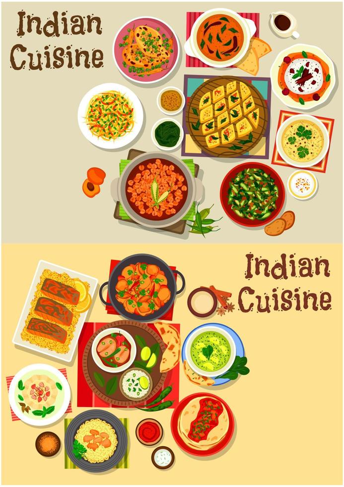 diseño de conjunto de iconos de cena saludable de cocina india vector