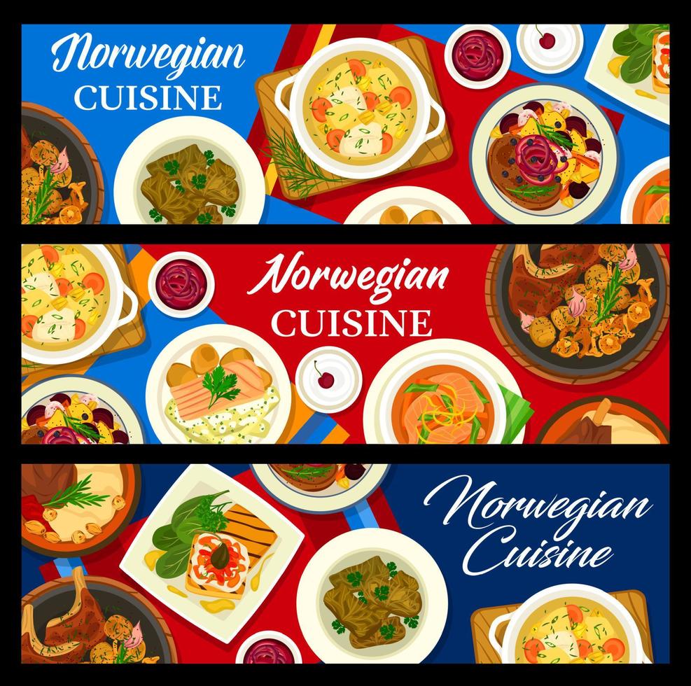 Norwegian cuisine food banners, fish and meat food vector
