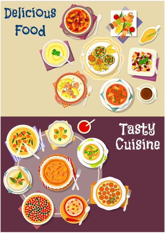 diseño de conjunto de iconos de platos de ensalada, sopa y pastelería vector