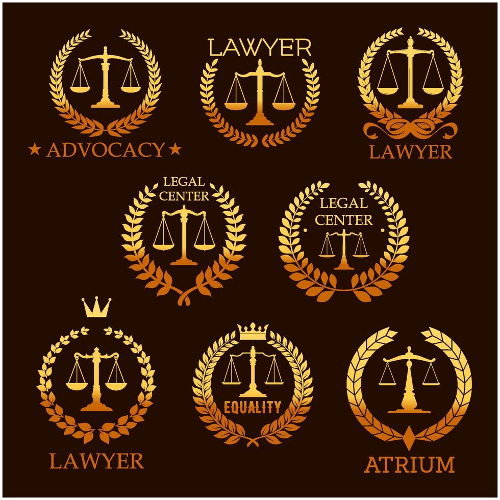 Lawyer golden emblem set with scale of justice vector