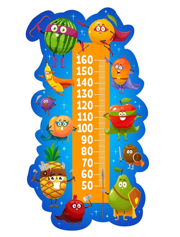 Kids height chart meter, cartoon superhero fruits vector