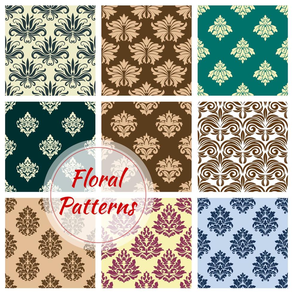 Floral ornament damask vector seamless patterns