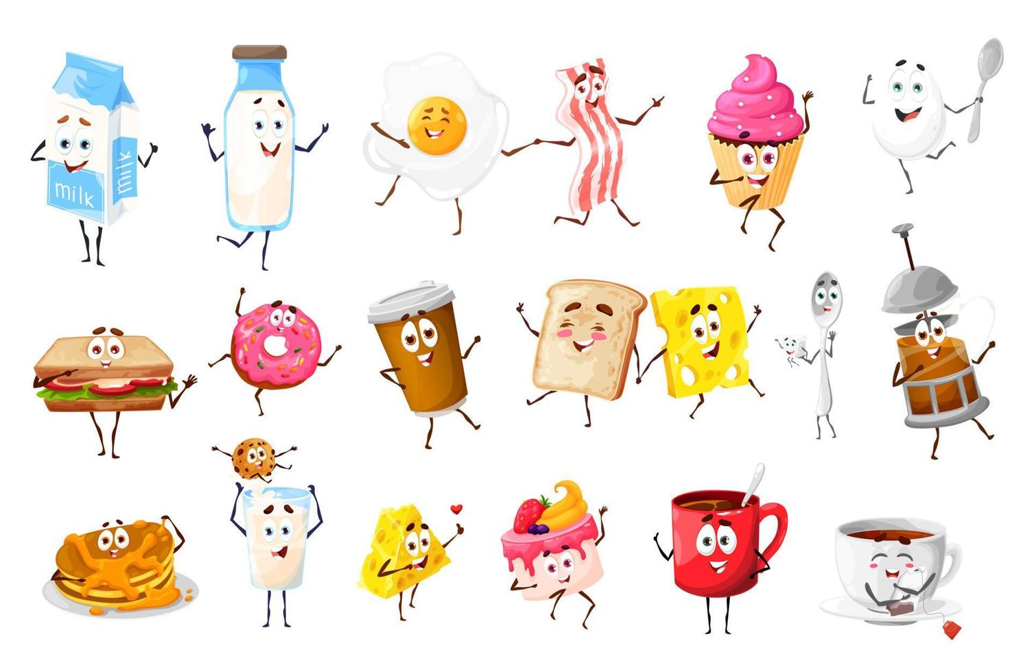 Funny cartoon breakfast food and drinks characters vector