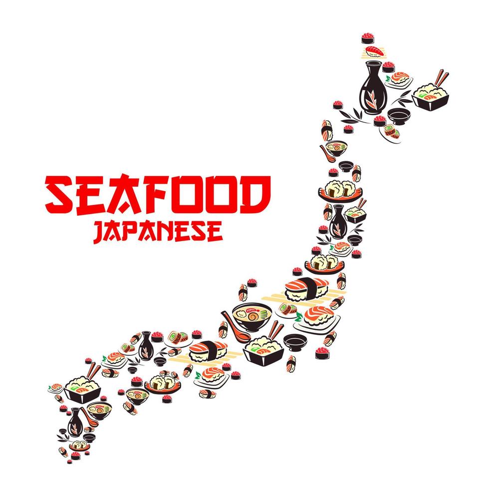 mapa de japón con cocina asiática platos de mariscos vector