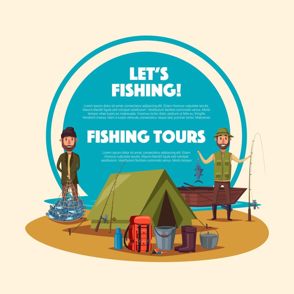 Fishing tour cartoon poster with fisherman camp vector