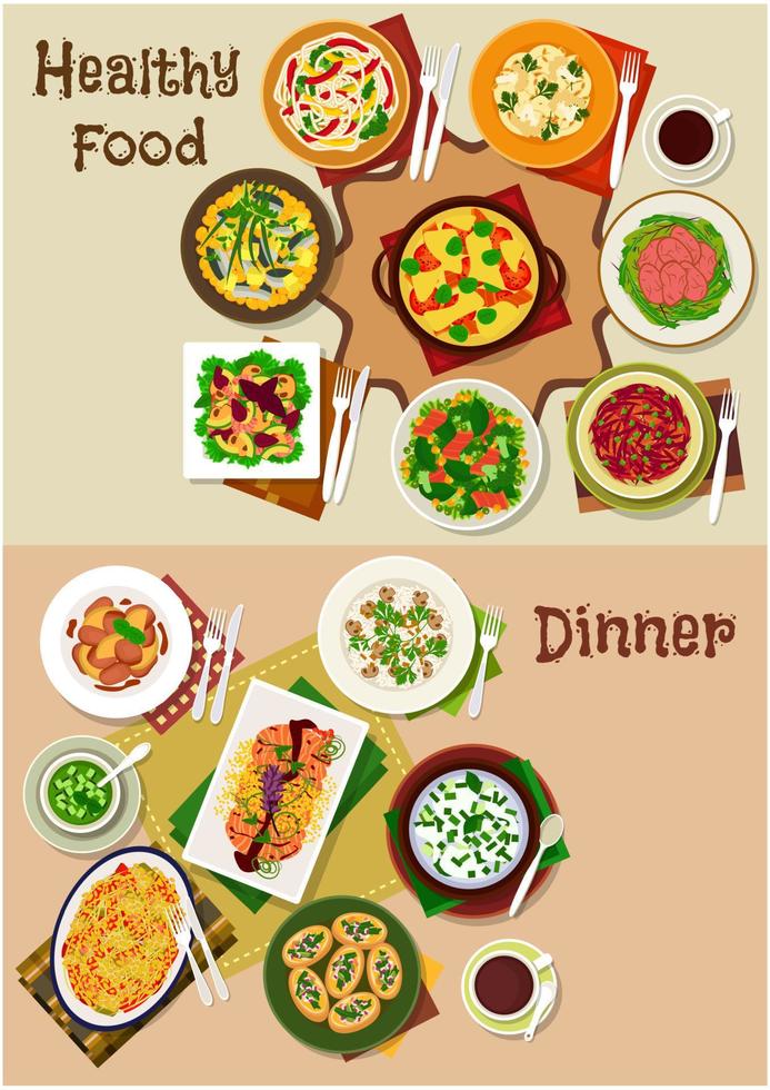 platos de ensalada y bocadillos para el conjunto de iconos de cena festiva vector