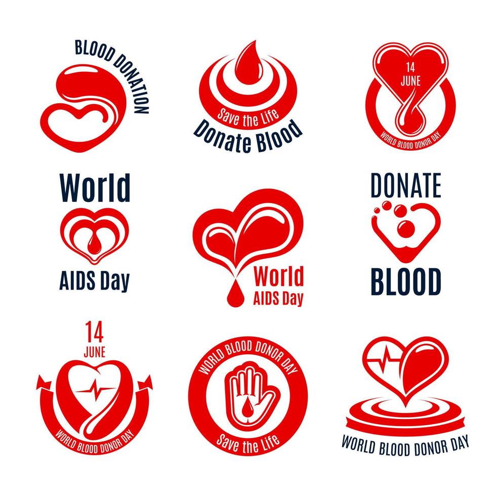 Blood donation icon with red heart, drop and hand vector