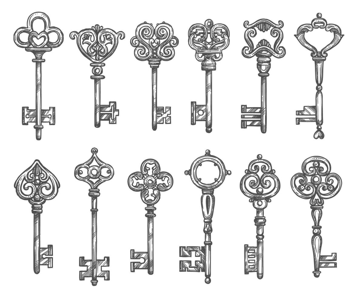 conjunto de bocetos de iconos aislados de vectores de llaves vintage