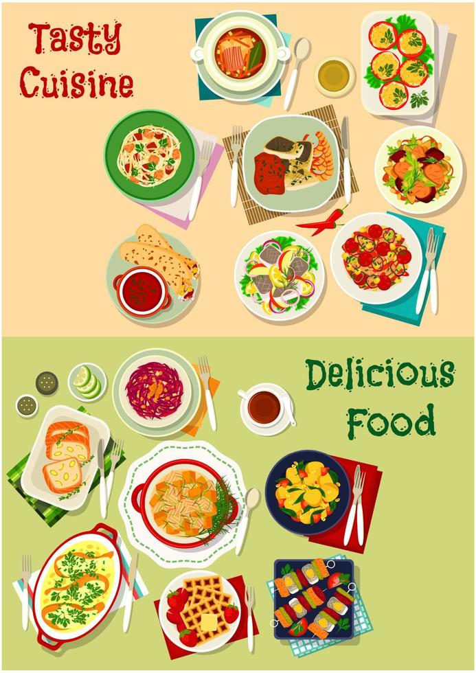 French, mexican, russian cuisine dishes icon set vector