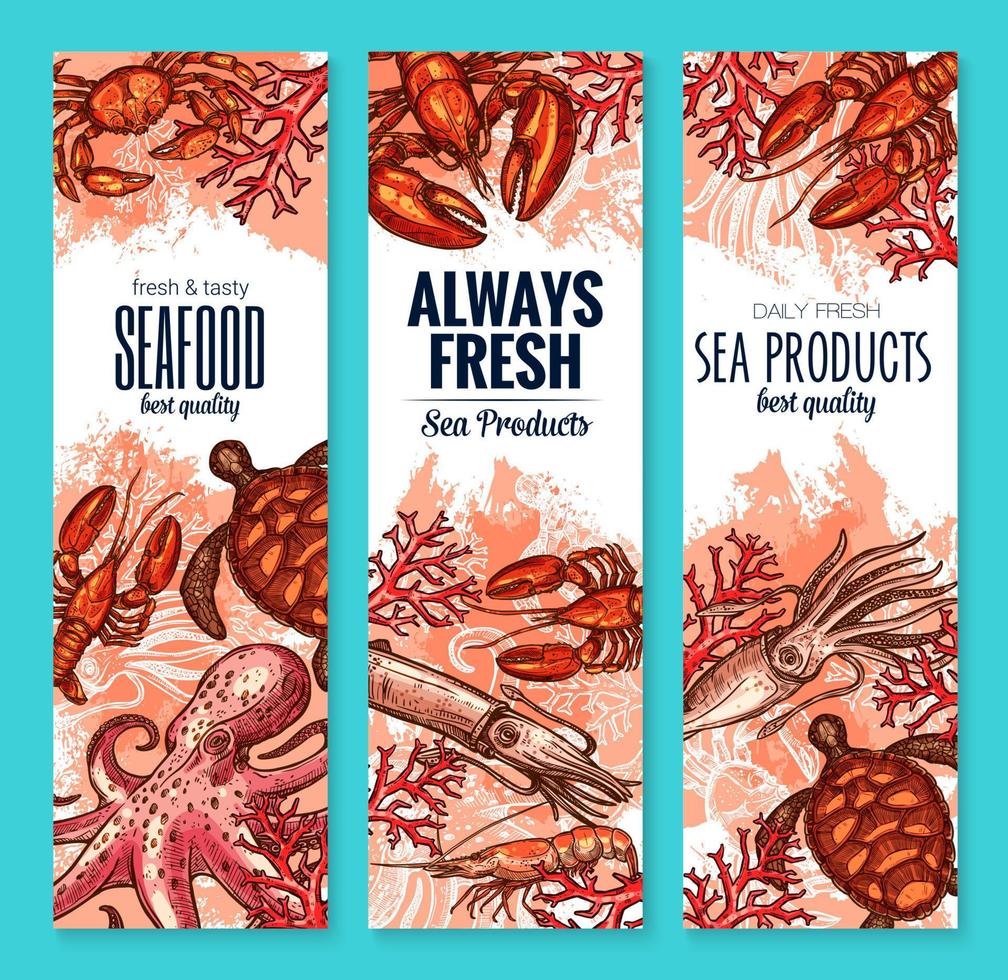 vector banners de productos alimenticios de mariscos y pescados