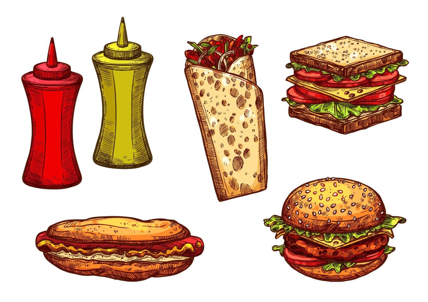 Fast food burger and sandwich sketch set vector