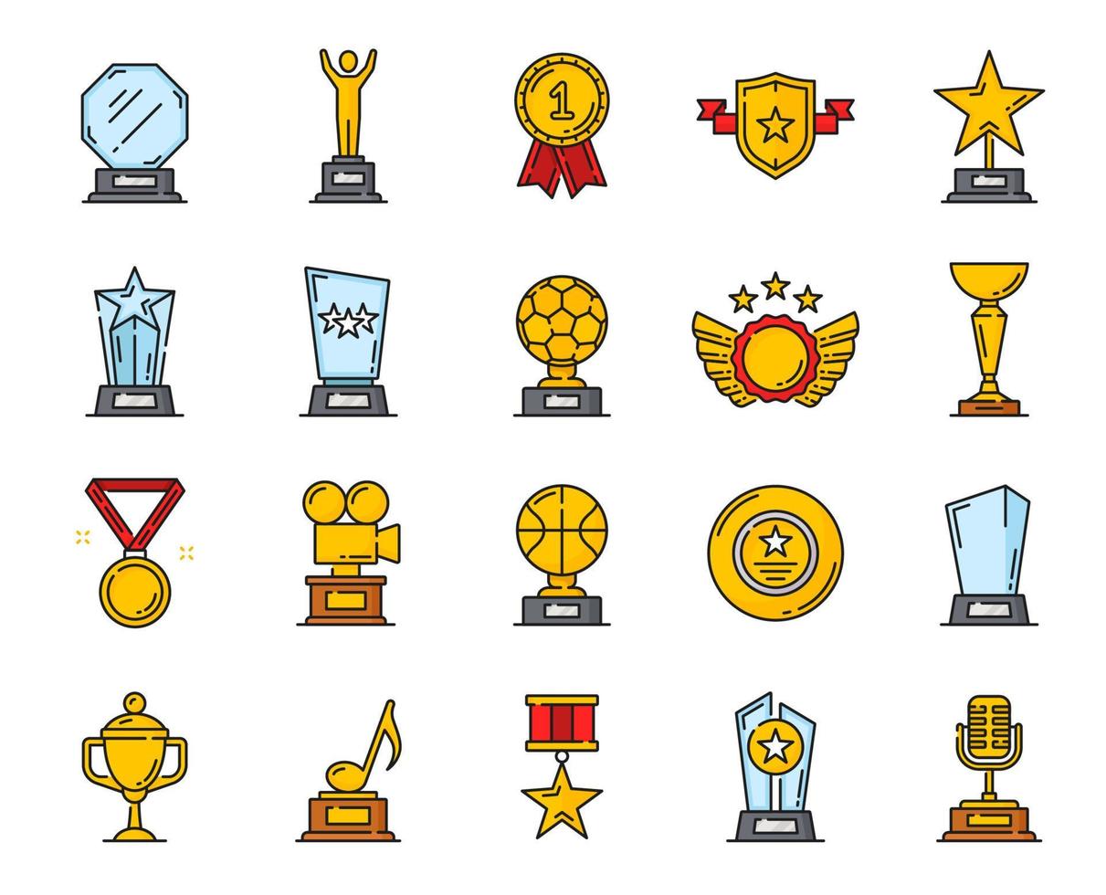 Golden line award trophy icons, victory cup, medal vector