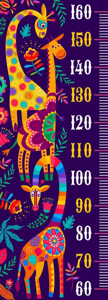 tabla de altura para niños con jirafas africanas, flores vector