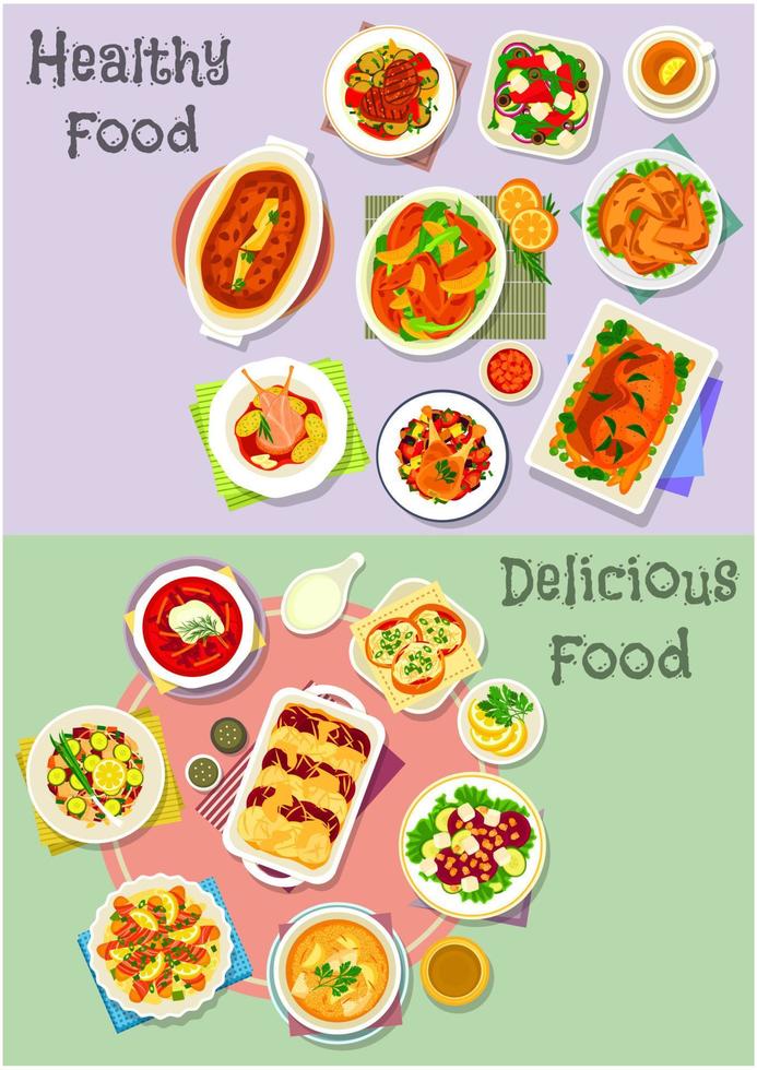 Hearty dishes icon set with fish, meat and veggies vector