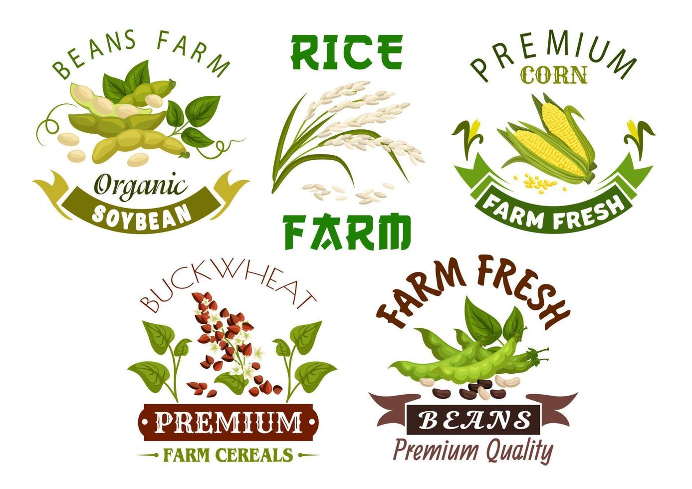 diseño de conjunto de emblema de granja de vegetales, cereales y frijoles vector