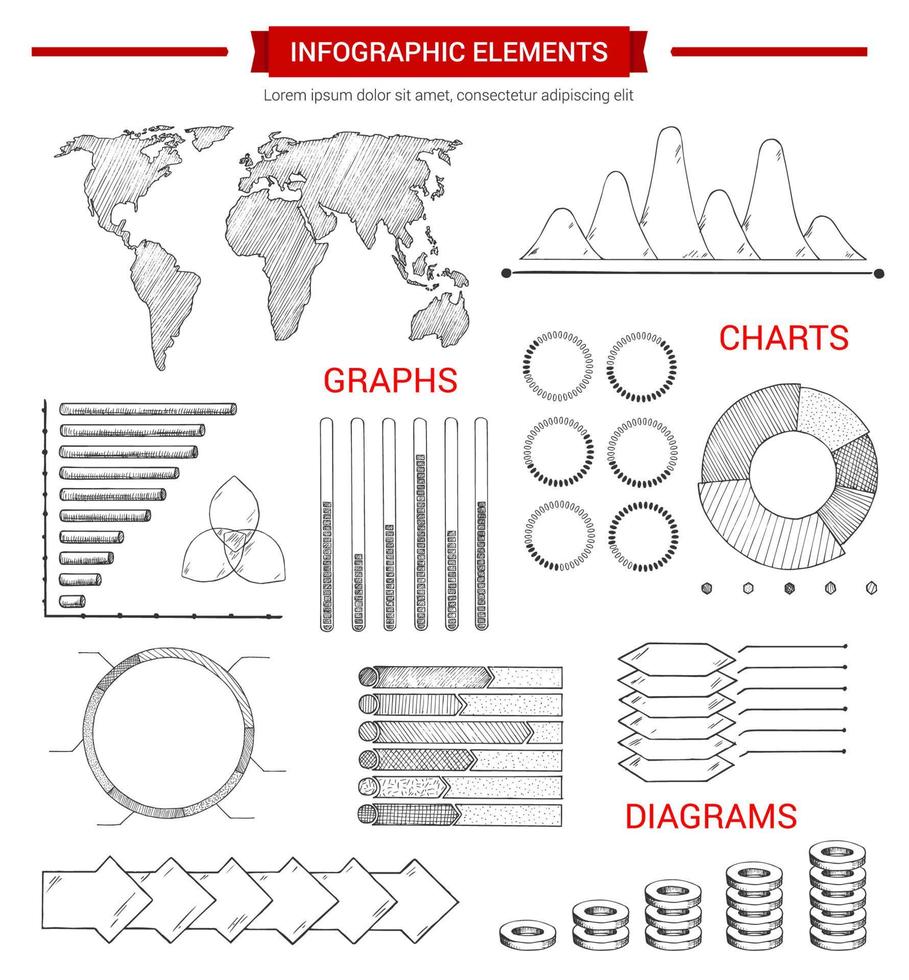 Infographic elements with sketched chart, graph vector