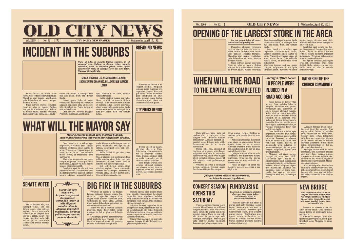 Vintage newspaper, old paper with city news pages vector