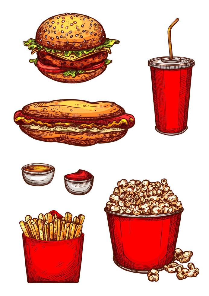 Vector sketch icons fast food snacks or hamburgers