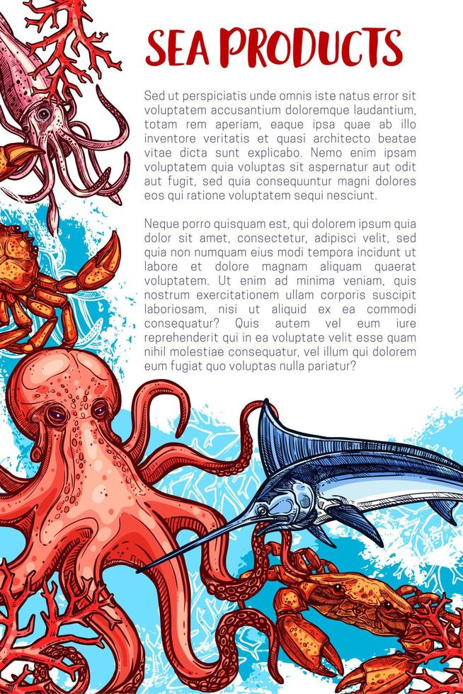 cartel del mercado de productos del mar de mariscos y pescados de vector