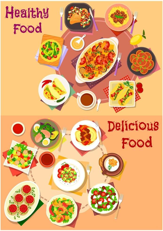 Salad and meat dishes with mexican snack icon set vector