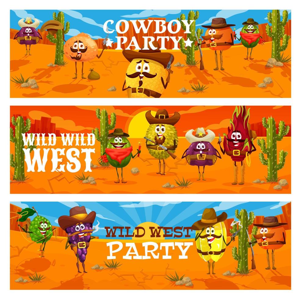 Wild West western cowboy party, fruit characters vector