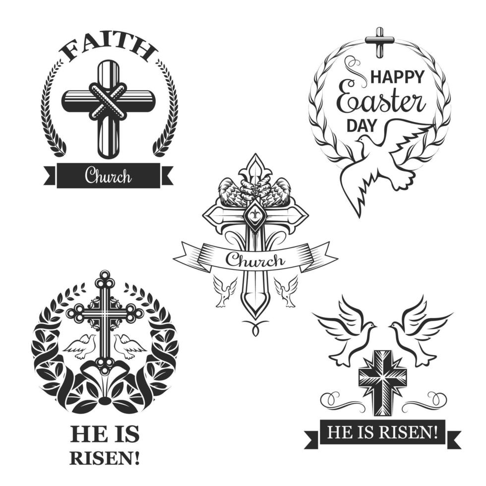 Easter holiday sign set with cross and dove vector