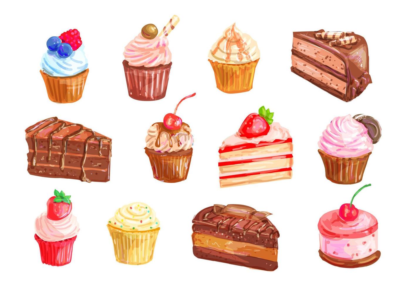 Cake and cupcake dessert watercolor set design vector