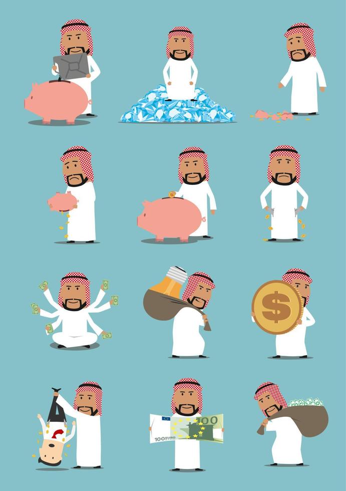 Arab businessman with money cartoon character set vector