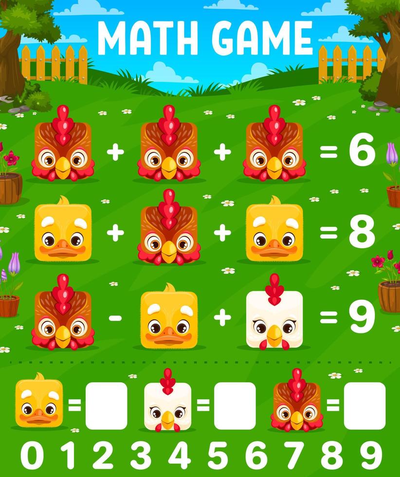 Math game with square hen, rooster and chicken vector