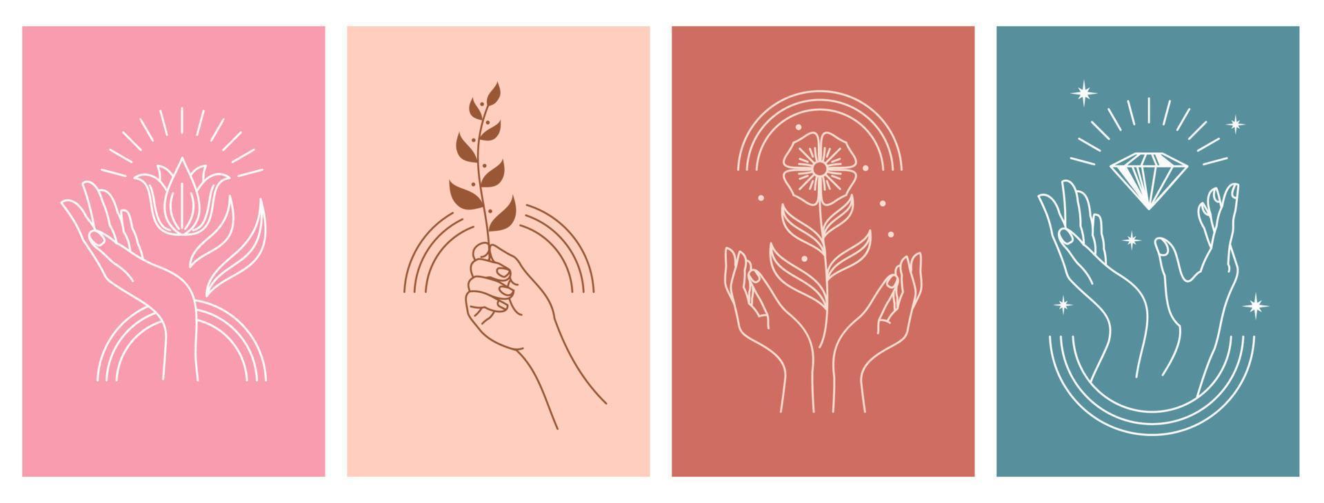 Cosmetic SPA icons, woman hands, sun, flower, gem vector