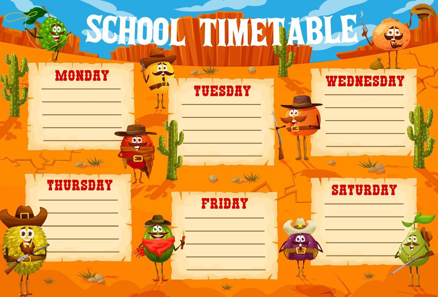 School timetable schedule with cowboy fruits vector