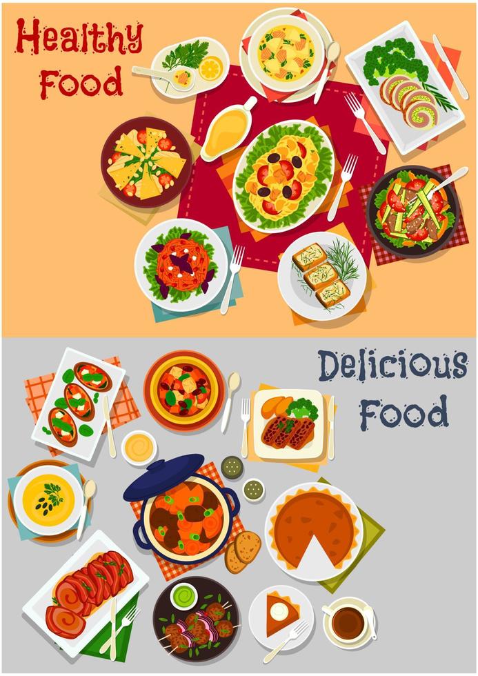 Dinner menu icon set with main dishes and dessert vector