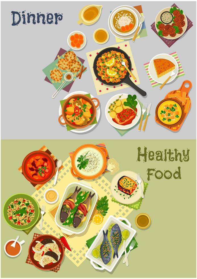 Healthy vegetarian and baked fish dishes icon set vector