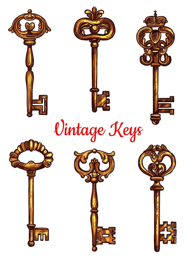 Vintage brass keys vector isolated icons set