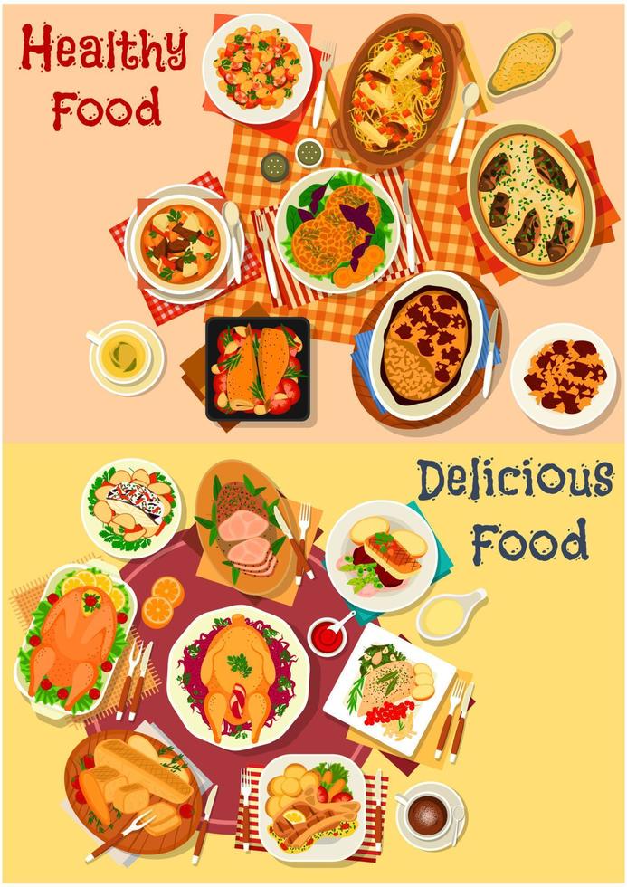 Baked fish and meat dishes icon set vector