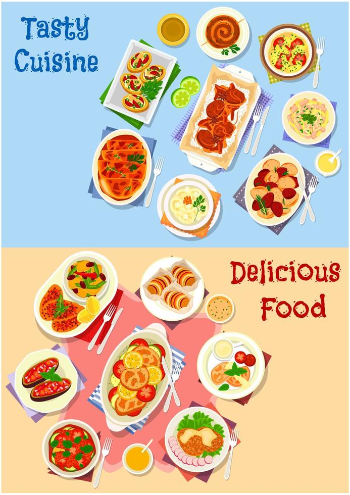 Vegetable and meat dishes icon set design vector