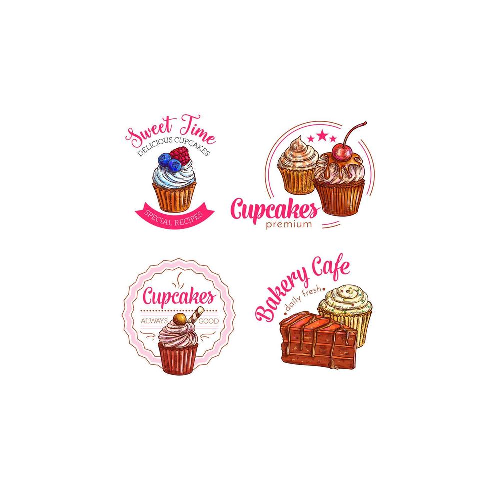 Dessert cakes and cupcakes vector icons